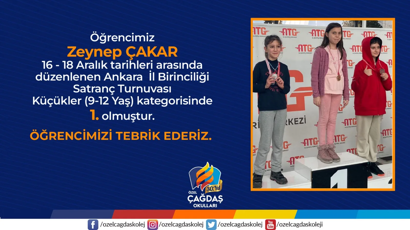 ZEYNEP ÇAKAR SATRANÇTA 1. OLDU