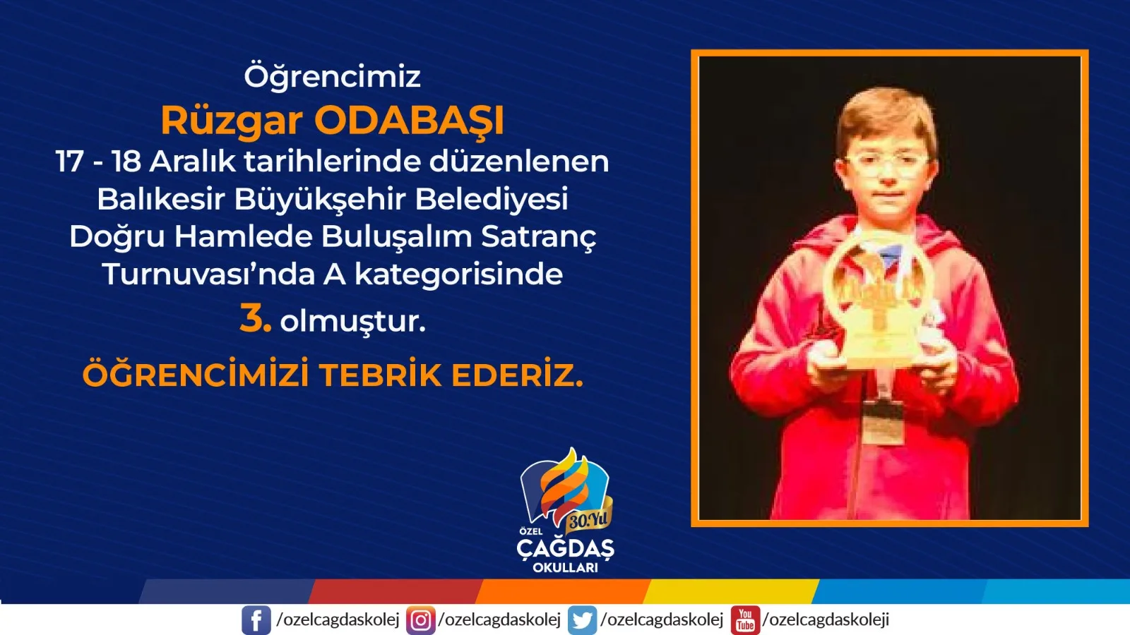 RÜZGAR ODABAŞI SATRANÇTA 3. OLDU